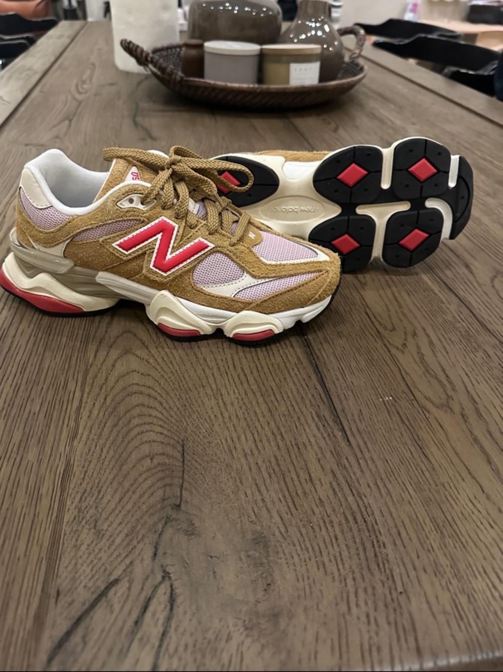 New Balance Tan, Pink & Red Retro Chunky Sneakers